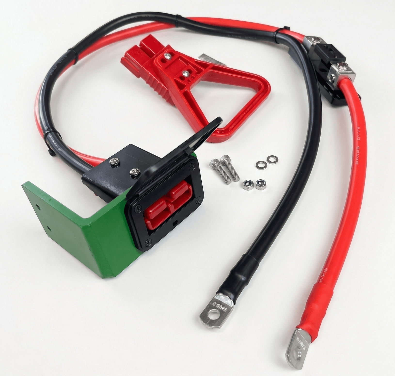 Tractor winch quick connect kit with CNC steel bracket, Anderson connectors, 2 AWG copper wires, fuse, and stainless steel hardware